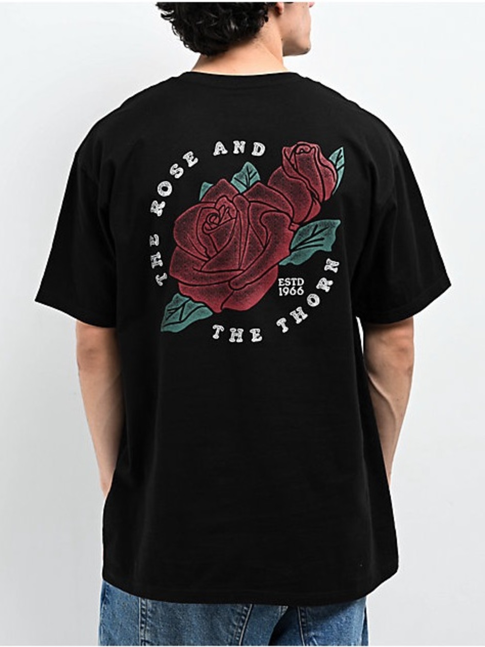 Vans Black T-Shirt with Red Rose Back Graphic
